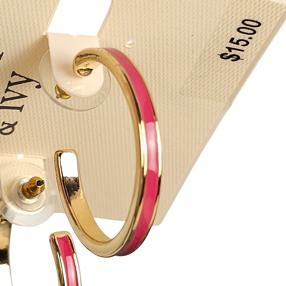 Gold Tone Pink Enamel Hoop Earrings 1.25" Pierced Jewelry Crown & Ivy